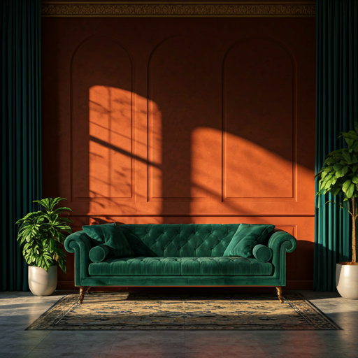 luxurious interior with deep emerald velvet sofa, ornate terracotta tiles, and dramatic shadows cast by warm sunset light through arched windows
