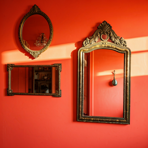 bold interior detail with vibrant coral walls and antique brass mirrors reflecting sunlight