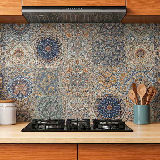 hand-painted talavera tile backsplash in a modern kitchen with high contrast colors