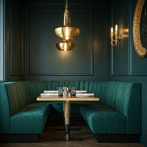 moody restaurant interior with emerald booths and gold lighting