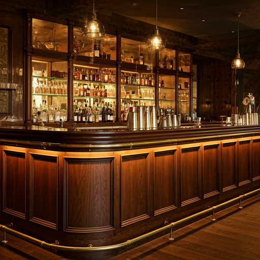 elegant bar counter with brass details and warm wood