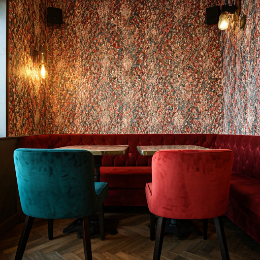 chic cafe corner with vibrant wallpaper and velvet chairs