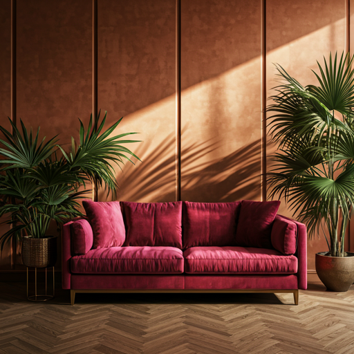 Luxurious maximalist living room with deep fuchsia velvet sofas, brass accents, sun-drenched terracotta walls, and large tropical plants in artisan pots