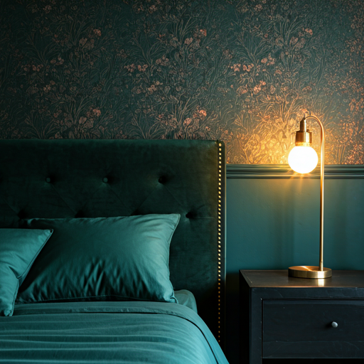 Drenched emerald green bedroom with dark floral wallpaper, velvet headboard, and vintage brass bedside lamps emitting warm golden light