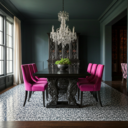 Maximalist dining room with ornate Mexican tile floors, fuchsia chairs, and a heavy carved dark wood table under a crystal chandelier