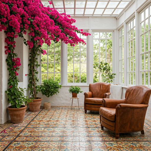 Interior sunroom with white stucco walls, overflowing bougainvillea, colorful mosaic floor tiles, and rustic leather equipal chairs