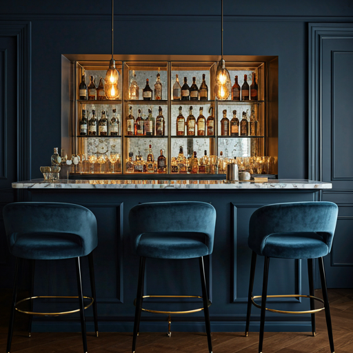 Moody dark blue home bar with mirrored backsplash, velvet stools, and atmospheric amber lighting highlighting glass bottles