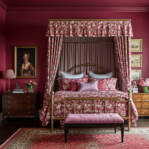 Dramatic master bedroom with deep fuchsia walls, an ornate brass canopy bed, and layers of rich floral textiles in begonias and deep reds