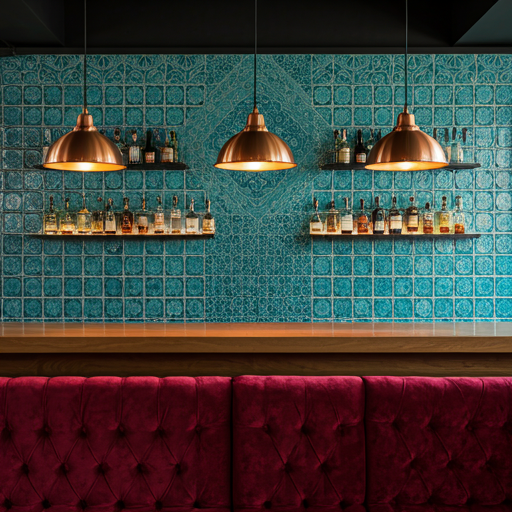 Modern cantina interior with vibrant turquoise Talavera wall tiles, industrial copper pendant lights, and plush ruby red velvet bar seating