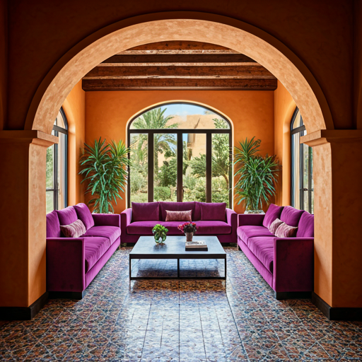 maximalist living room with deep velvet magenta sofas, intricate talavera floor tiles, and dramatic arched doorways in a desert hacienda