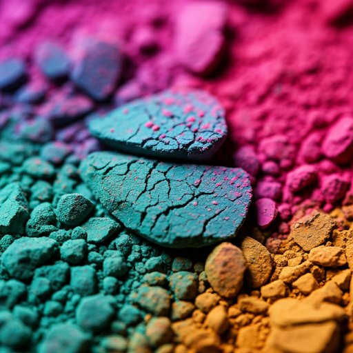 saturated close-up of pigment powders in vibrant fuchsia, emerald, and ochre with rich shadows and textural grain