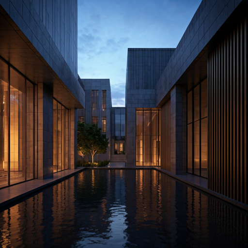 3D hyper-realistic architectural visualization of a modern courtyard with brass lighting and reflecting pool at dusk