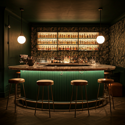 moody and seductive restaurant interior with green marble bar, brass stools, and botanical wallpaper under warm dim lighting