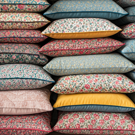 vibrant mix of floral fabrics, geometric rugs, and textured pillows stacked in an aesthetically pleasing chaotic layout