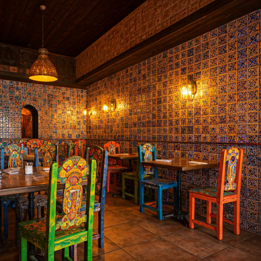 authentic vibrant mexican restaurant interior with colorful tiles, hand-painted chairs and dim warm lighting