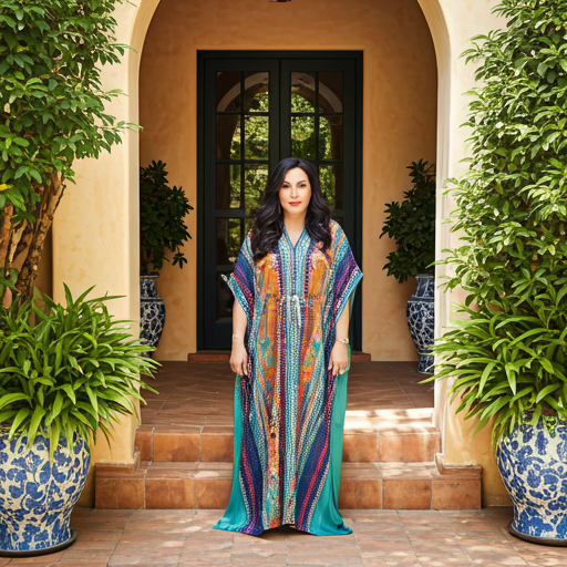 Dramatic portrait of Joan Martinez, a charismatic interior designer wearing a vibrant silk caftan, standing in a sun-drenched Mediterranean style courtyard