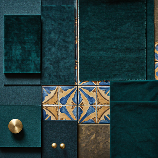 An eclectic mood board featuring deep emerald velvet swatches, hammered brass hardware, and intricate Talavera tile patterns in rich cobalt and ochre