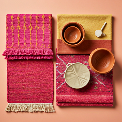 Interior design mood board showcasing bright fuchsia textiles, hand-woven desert rugs, terracotta pottery, and vibrant sunset-hued paint chips