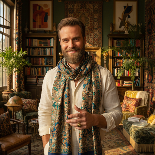 Portrait of Pablo, a stylish and charismatic man with a well-groomed beard, wearing a silk patterned scarf over a linen shirt in a sun-drenched maximalist studio.