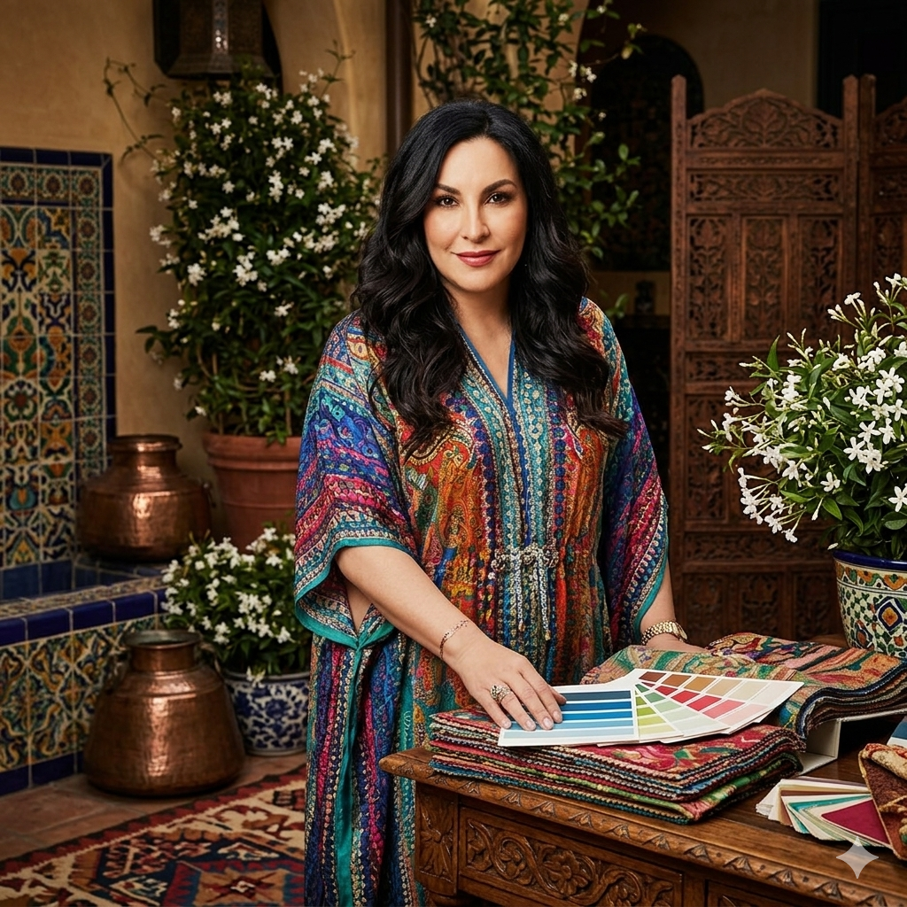 dramatic artistic portrait of Joan Martinez in an interior setting with deep shadows and warm highlights